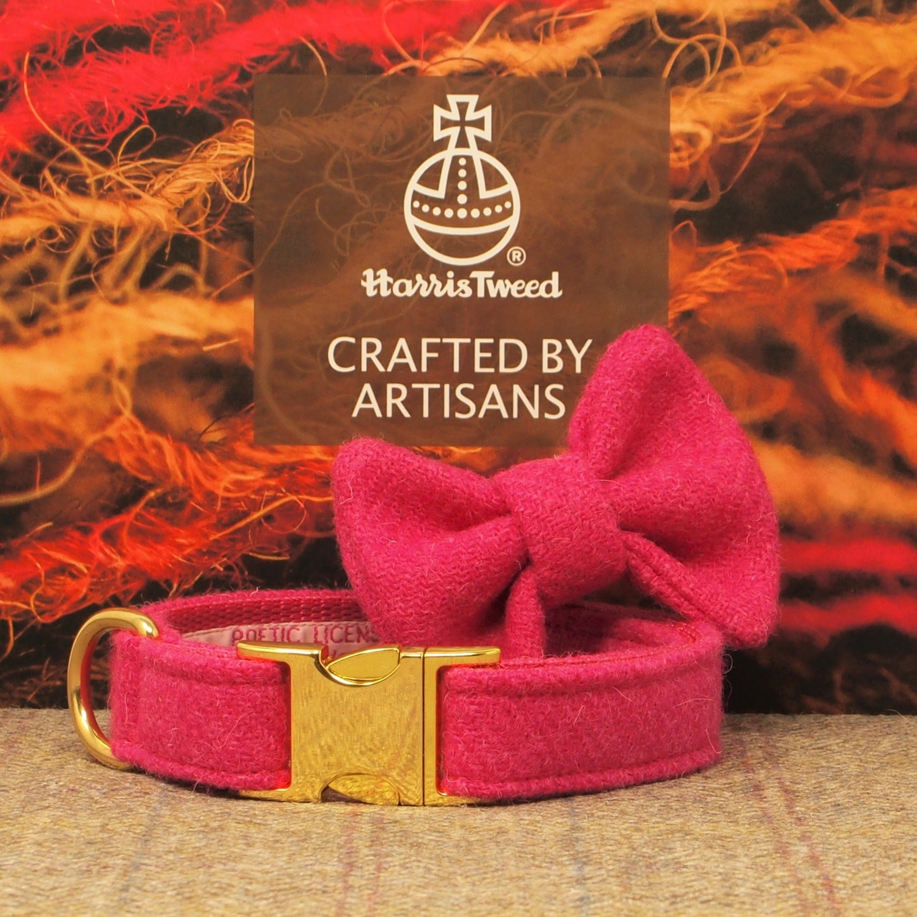 hot pink genuine scottish harris tweed dog collar and bow tie dickie bow, optional to have personalised with dogs name on, gold lettering, silver lettering or neutral deboss on 3 shades of veg tan leather