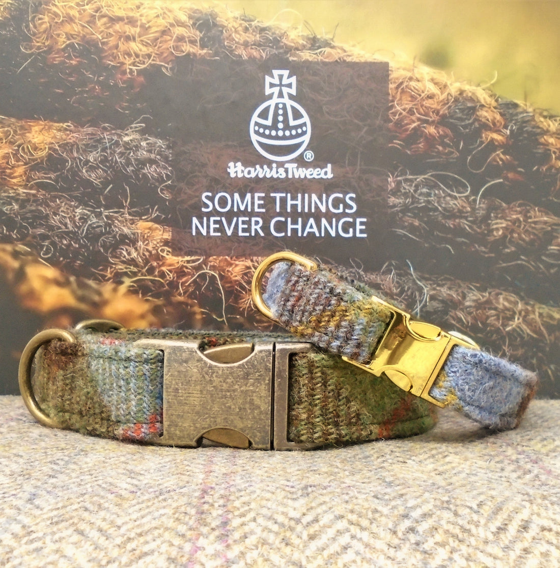 macleod scottish tartan genuine harris tweed dog collars, blue green tartan. Optional to have dogs name on this collar, gold lettering, silver lettering or neutral deboss on veg tan leather