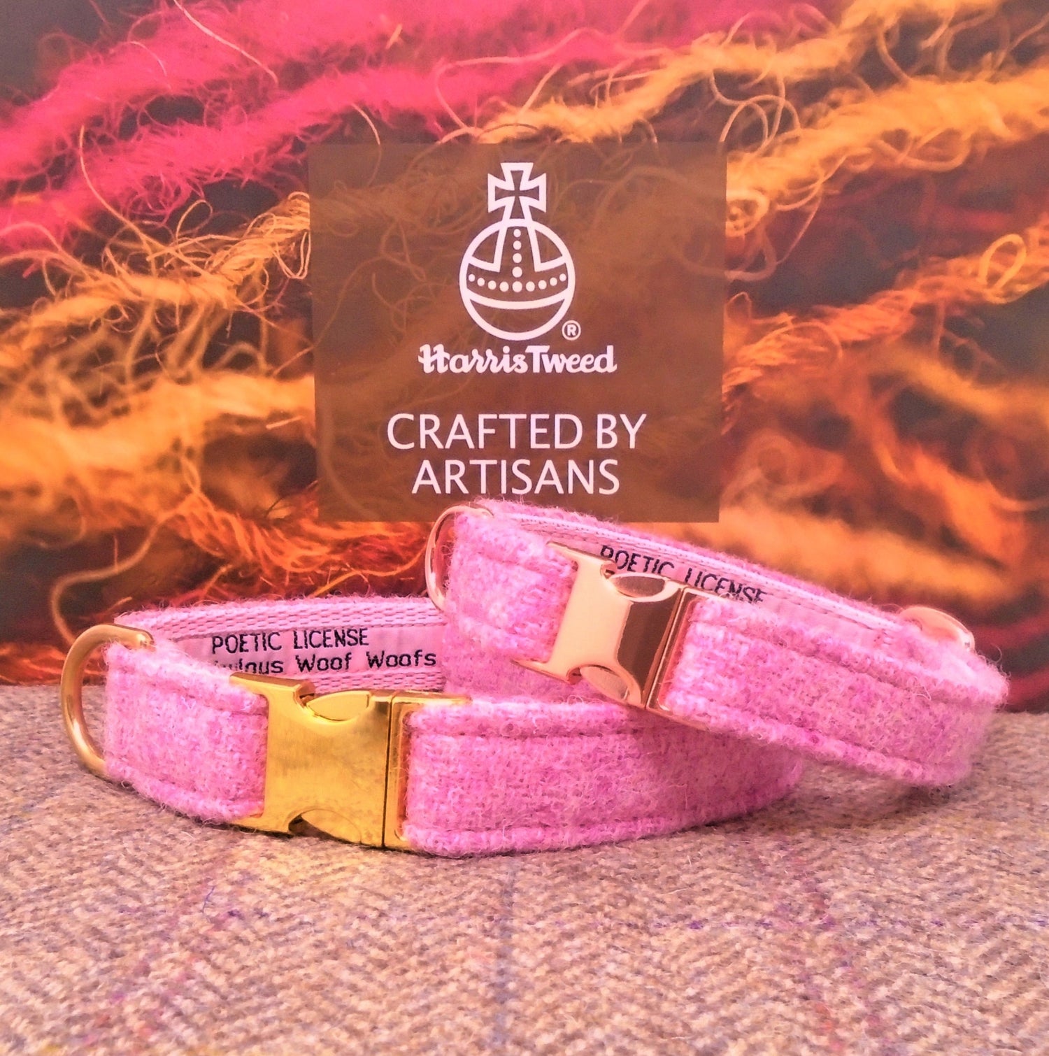 soft baby pink genuine harris tweed dog collars rose gold and gold gloss buckles or antique brass. Have this pretty pink collar personalised by adding dogs name on one of our veg tan leather nameplates, 3 leather colours and 3 lettering colours