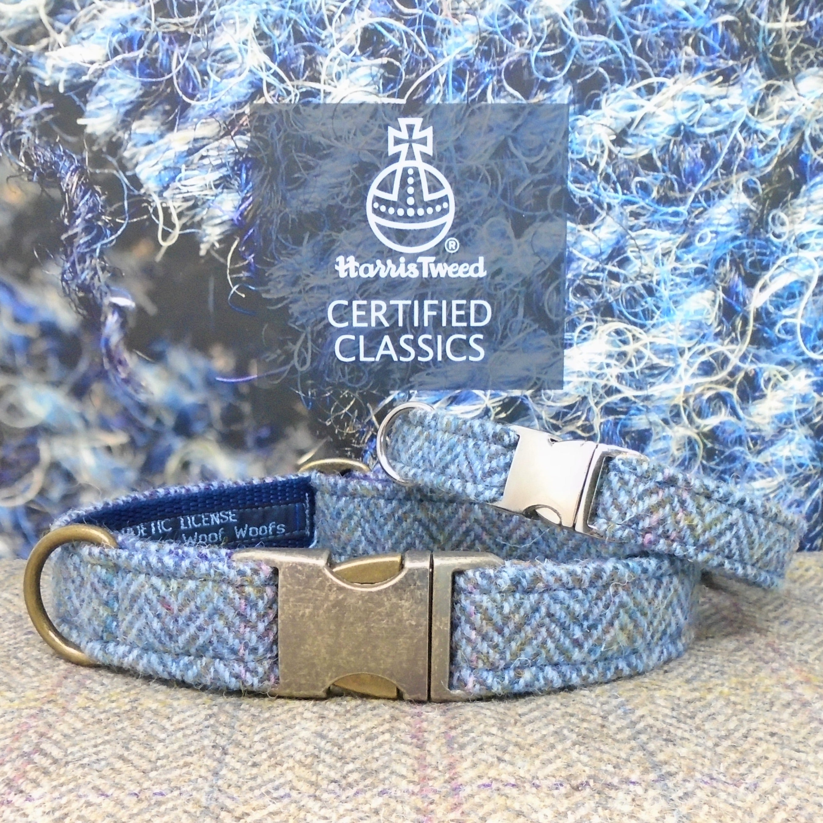 blue herringbone harris tweed dog collars, scottish tweed. Optional to have dogs name on their collar in silver letter, gold lettering or neutral deboss on 3 shades of gorgeous veg tan leather