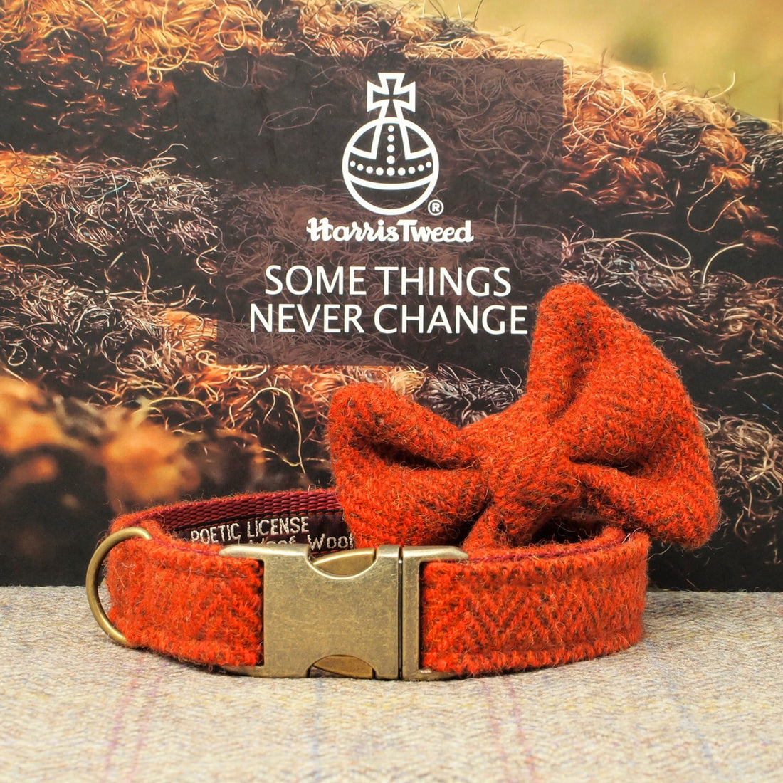 burnt earthy orange genuine scottish harris tweed dog collar and bow tie. Have this collar personalised by having dogs name on their collar in 3 colours of leather and hot foil gold or silver or neutral deboss