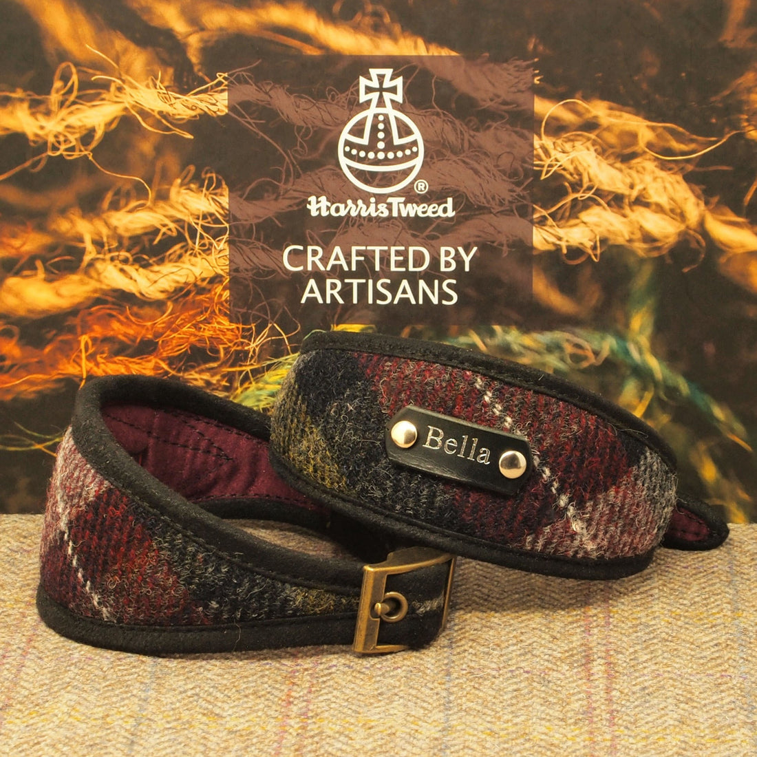 deep maroon burgundy olive green grey scottish tartan genuine harris tweed personalised sighthound greyhound whippet gazehound collar with dogs name on, genuine harris tweed dog collar