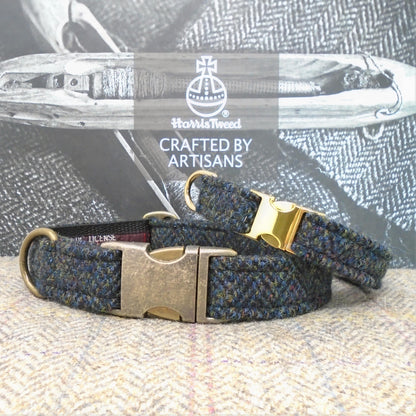 black gold herringbone harris tweed dog collar. Optional to have dogs name added to collar on leather nameplate in gold or silver lettering or neutral deboss
