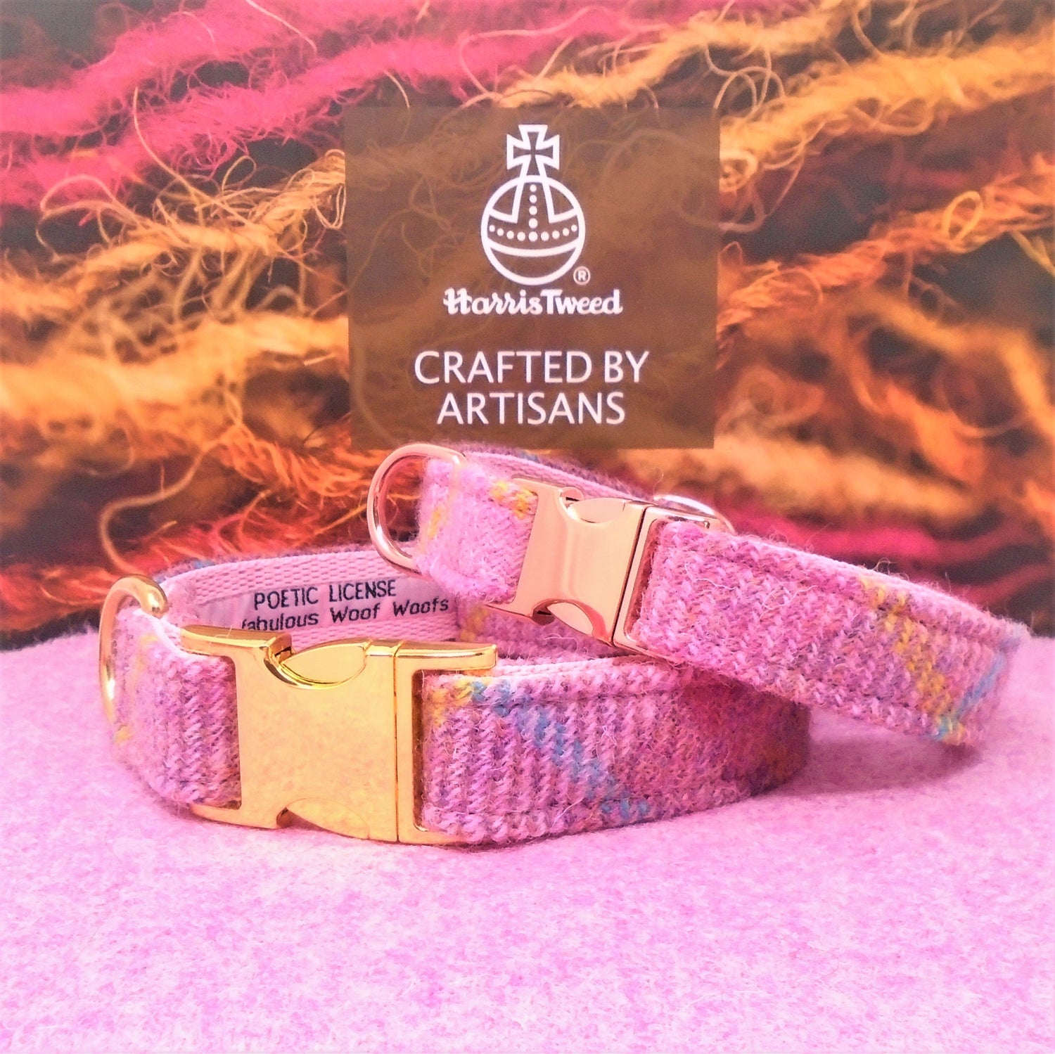 pink scottish tartan genuine harris tweed dog collar with gold and rose gold buckles. Have your dogs name on on their collar