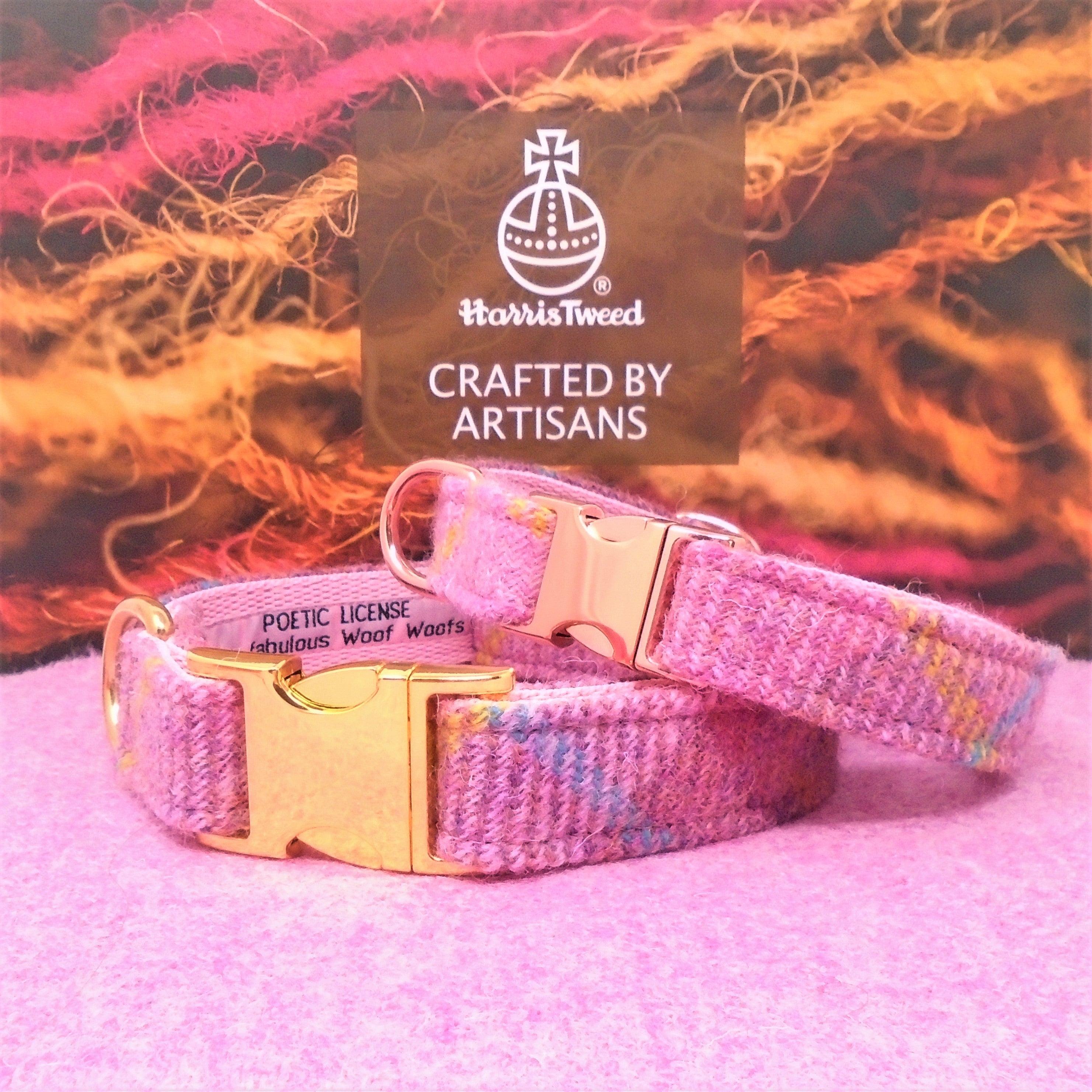 pink scottish tartan genuine harris tweed dog collar with gold and rose gold buckles. Have your dogs name on on their collar