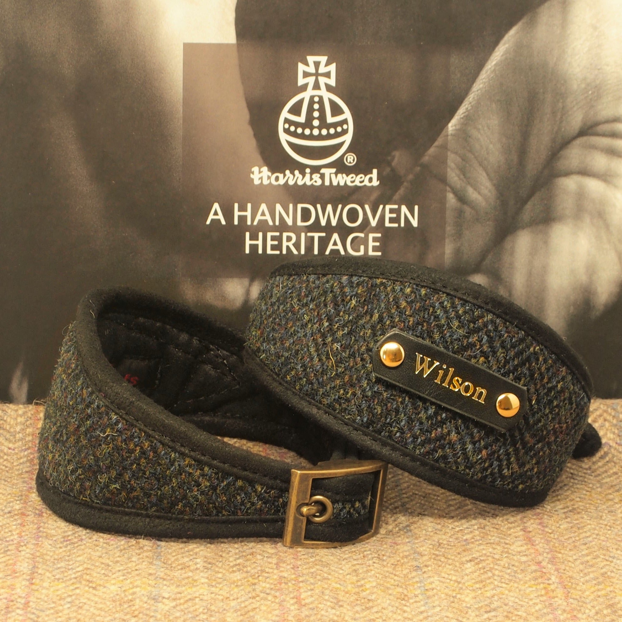 black gold herringbone genuine harris tweed sighthound collar personalised with dogs name on, genuine harris tweed dog collar black saluki galgo iggy deerhound afghan lurcher greyhound whippet collar