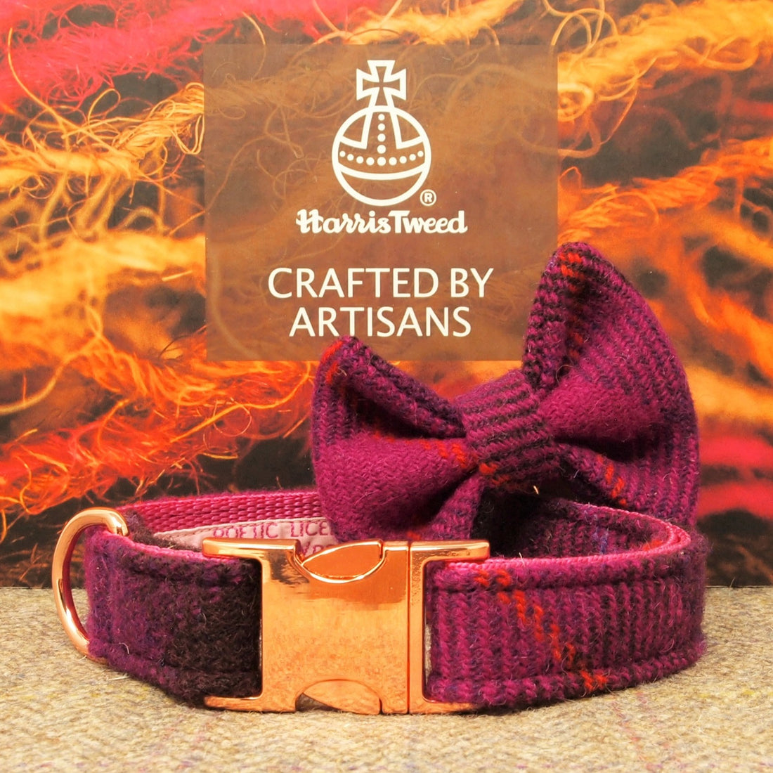 magenta purple tartan harris tweed dog collar and bow tie with gold buckle. Optional to have dogs name on collar in gold foil, silver foil or neutral deboss on veg tan leather